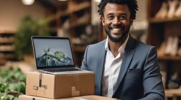 A man in a grey blazer with a laptop showing how ecommerce businesses lead the way in sustainability.