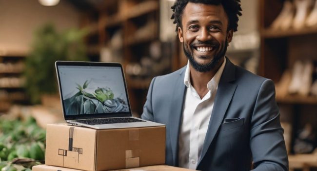A man in a grey blazer with a laptop showing how ecommerce businesses lead the way in sustainability.